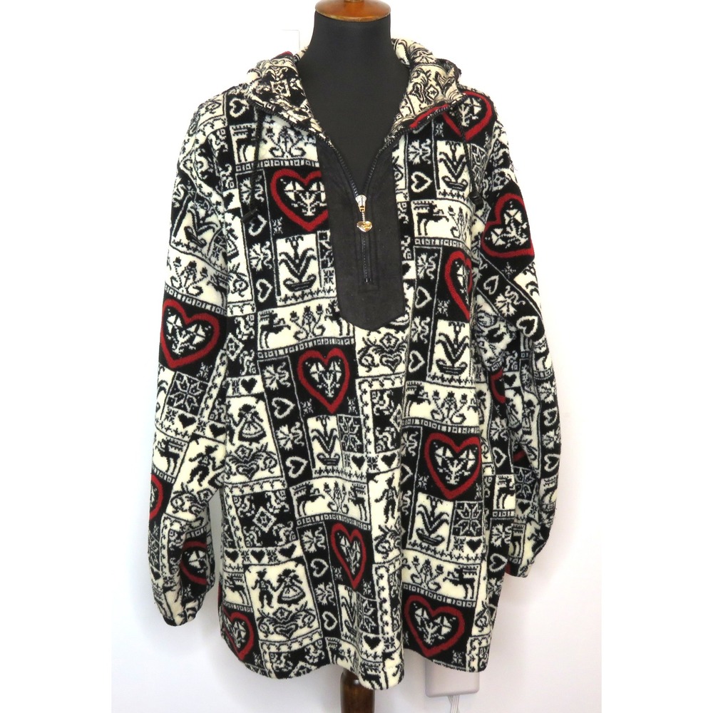 Vintage Obermeyer Fleece Hoodie Men's Black White Nordic Folk Art Hearts - XL